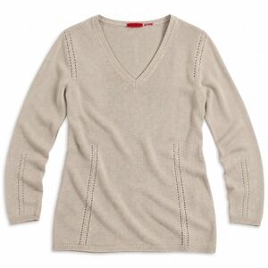 HUGO Womens Medium V Neck Knit Tunic Sweater Beige Long Sleeve Pullover